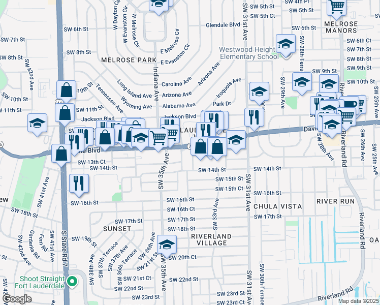 map of restaurants, bars, coffee shops, grocery stores, and more near 3300 Davie Boulevard in Fort Lauderdale