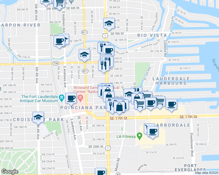 map of restaurants, bars, coffee shops, grocery stores, and more near 700 Southeast 14th Street in Fort Lauderdale