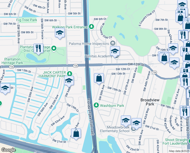 map of restaurants, bars, coffee shops, grocery stores, and more near 5180 Southwest 13th Court in Plantation
