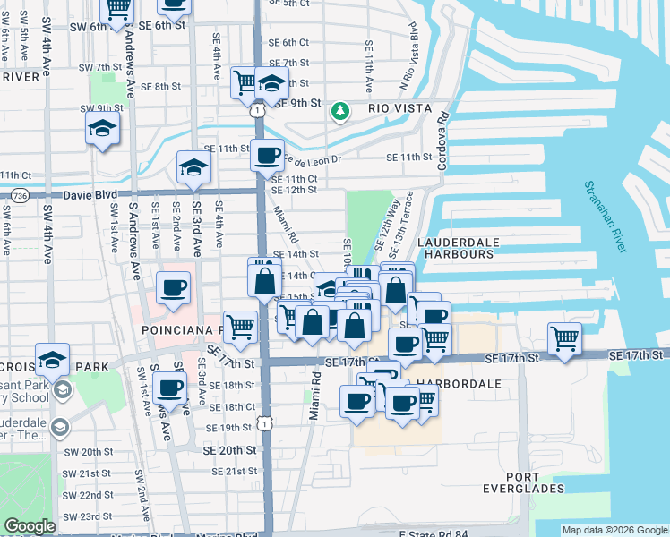map of restaurants, bars, coffee shops, grocery stores, and more near 1401 Southeast 10th Avenue in Fort Lauderdale