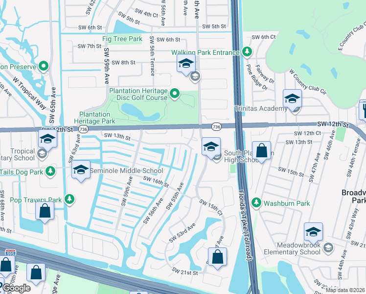 map of restaurants, bars, coffee shops, grocery stores, and more near 1300 Southwest 56th Avenue in Plantation