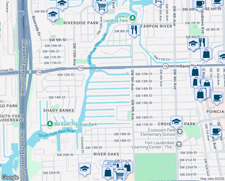 map of restaurants, bars, coffee shops, grocery stores, and more near 1105 Avocado Isle in Fort Lauderdale