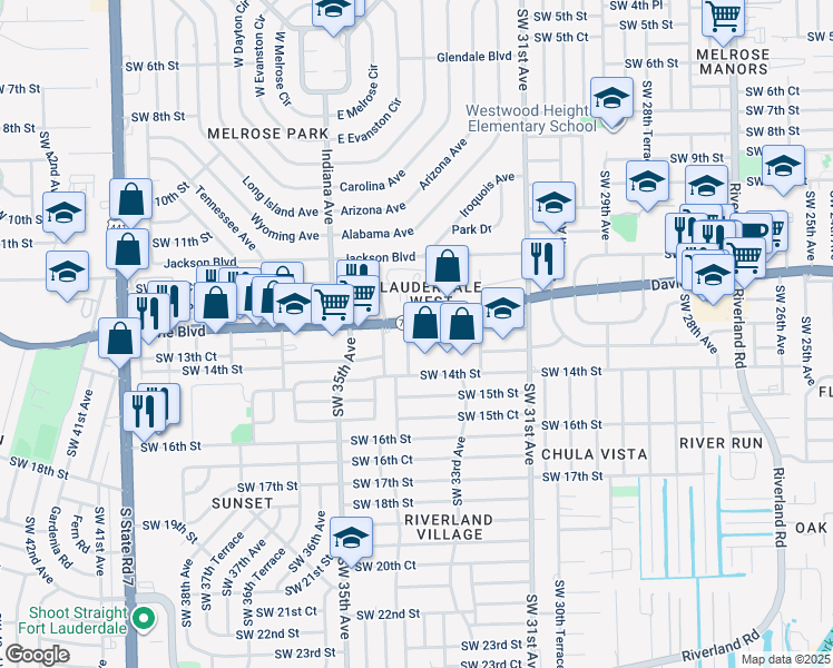 map of restaurants, bars, coffee shops, grocery stores, and more near 3300 Davie Blvd in Fort Lauderdale