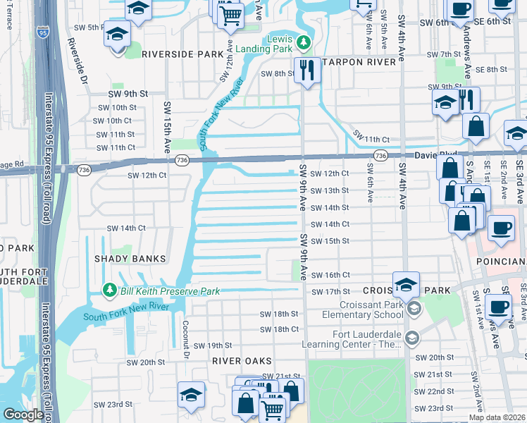 map of restaurants, bars, coffee shops, grocery stores, and more near 1105 Avocado Isle in Fort Lauderdale
