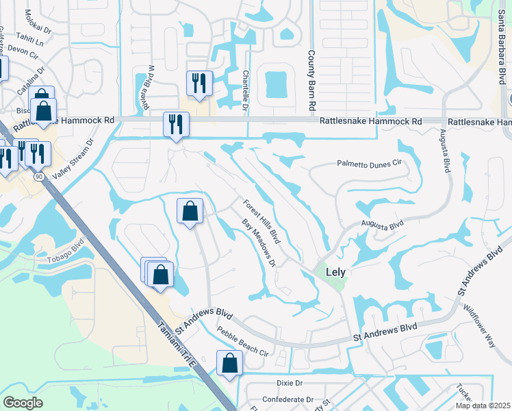 map of restaurants, bars, coffee shops, grocery stores, and more near 259 Forest Hills Boulevard in Naples