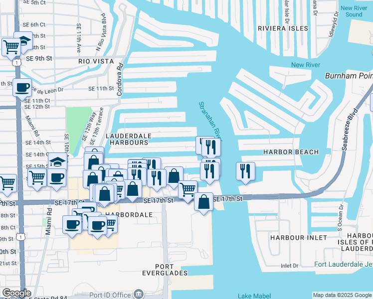 map of restaurants, bars, coffee shops, grocery stores, and more near 1730 Southeast 14th Street in Fort Lauderdale