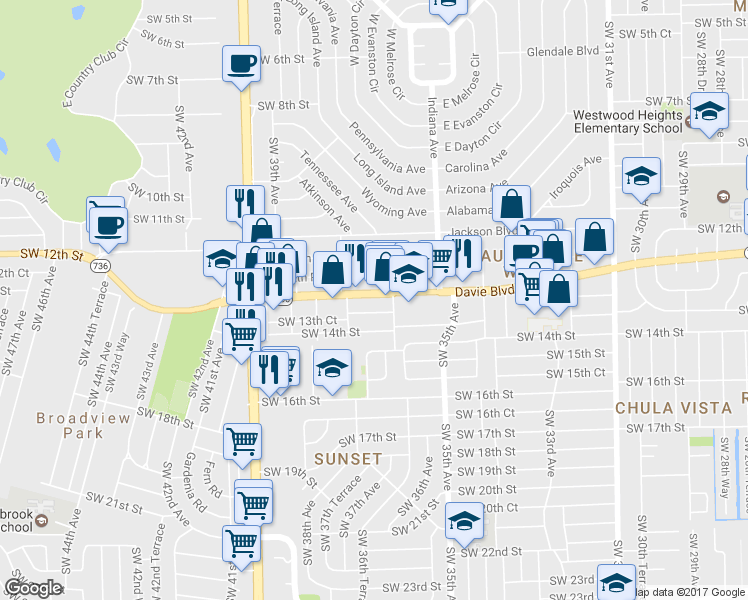 map of restaurants, bars, coffee shops, grocery stores, and more near 3636 Davie Boulevard in Fort Lauderdale