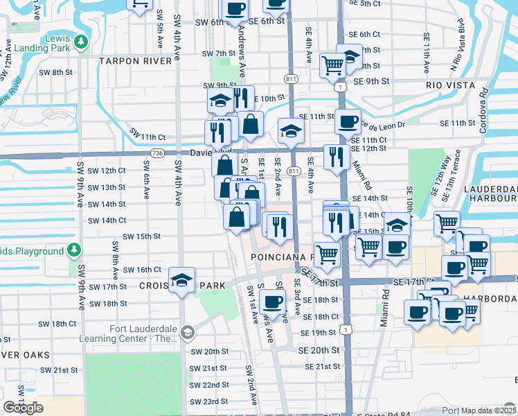 map of restaurants, bars, coffee shops, grocery stores, and more near 20 Southeast 14th Street in Fort Lauderdale