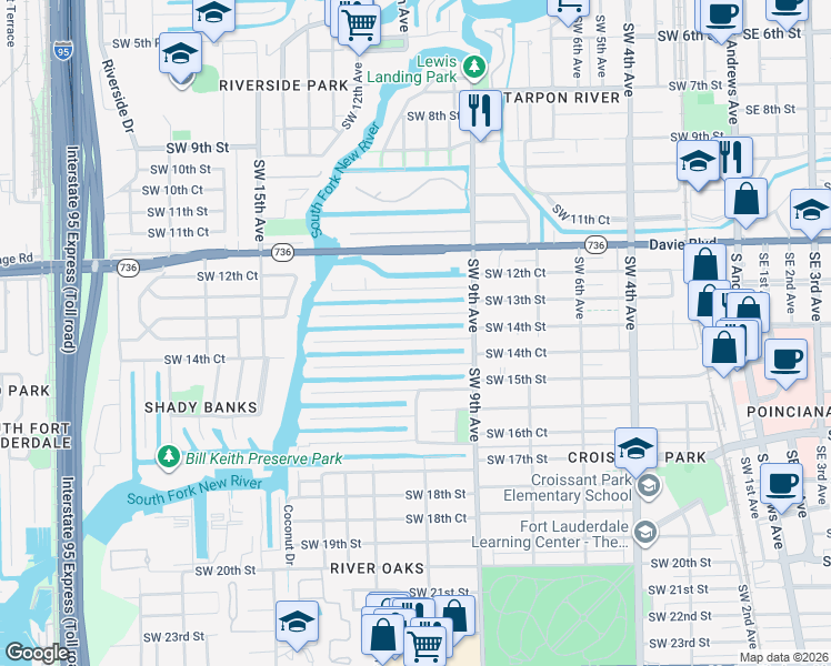 map of restaurants, bars, coffee shops, grocery stores, and more near 1105 Avocado Isle in Fort Lauderdale