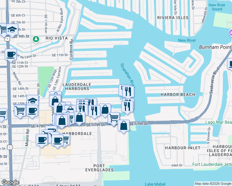 map of restaurants, bars, coffee shops, grocery stores, and more near 1730 Southeast 14th Street in Fort Lauderdale