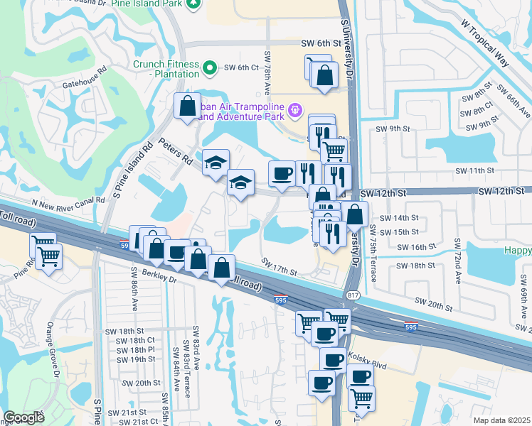 map of restaurants, bars, coffee shops, grocery stores, and more near 1304-1498 SW 82nd Ave in Plantation