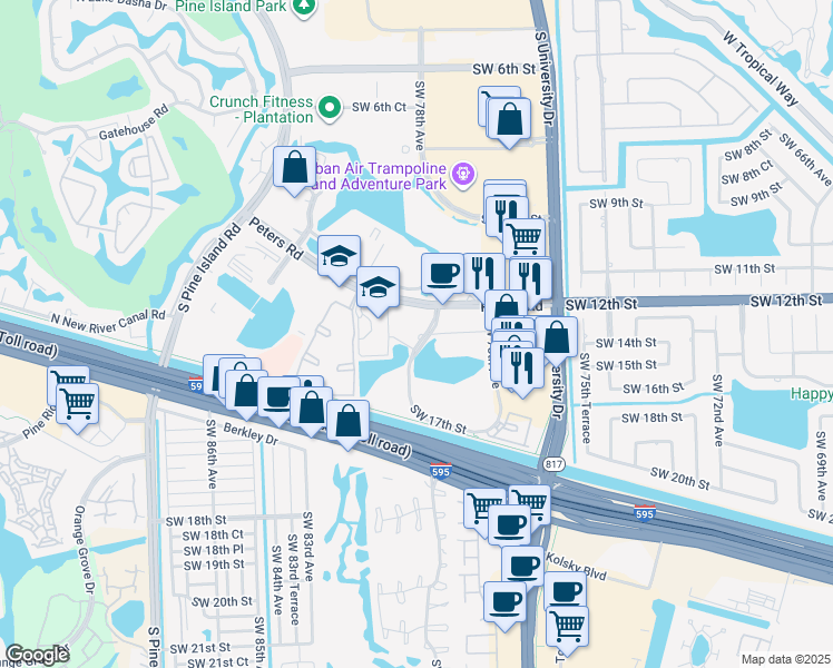 map of restaurants, bars, coffee shops, grocery stores, and more near 1304-1498 SW 82nd Ave in Plantation