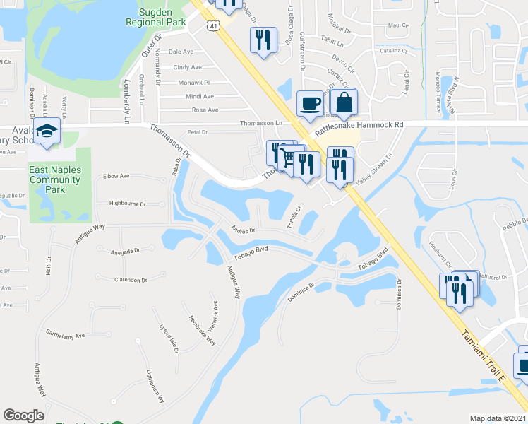 map of restaurants, bars, coffee shops, grocery stores, and more near 5064 Martinique Drive in Naples