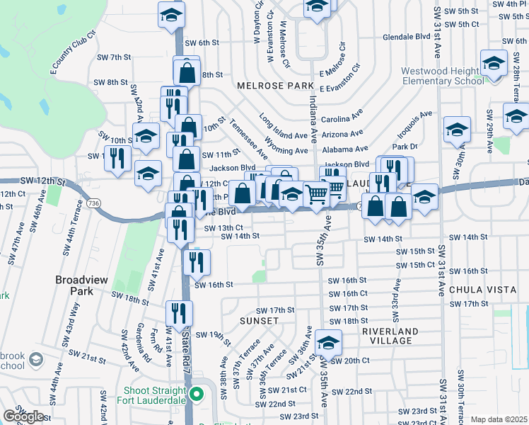 map of restaurants, bars, coffee shops, grocery stores, and more near 3666 Davie Boulevard in Fort Lauderdale