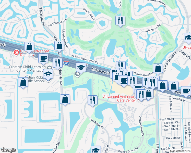 map of restaurants, bars, coffee shops, grocery stores, and more near 3345 Evergreen Place in Davie