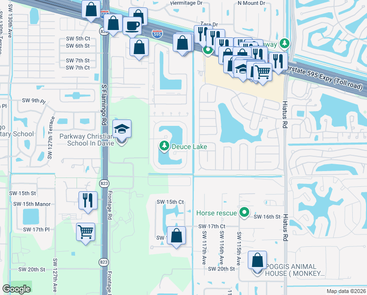 map of restaurants, bars, coffee shops, grocery stores, and more near 11863 Southwest 12th Place in Davie