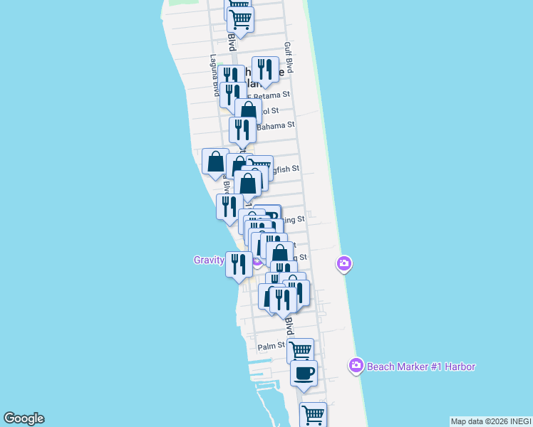 map of restaurants, bars, coffee shops, grocery stores, and more near 109 East Swordfish Street in South Padre Island
