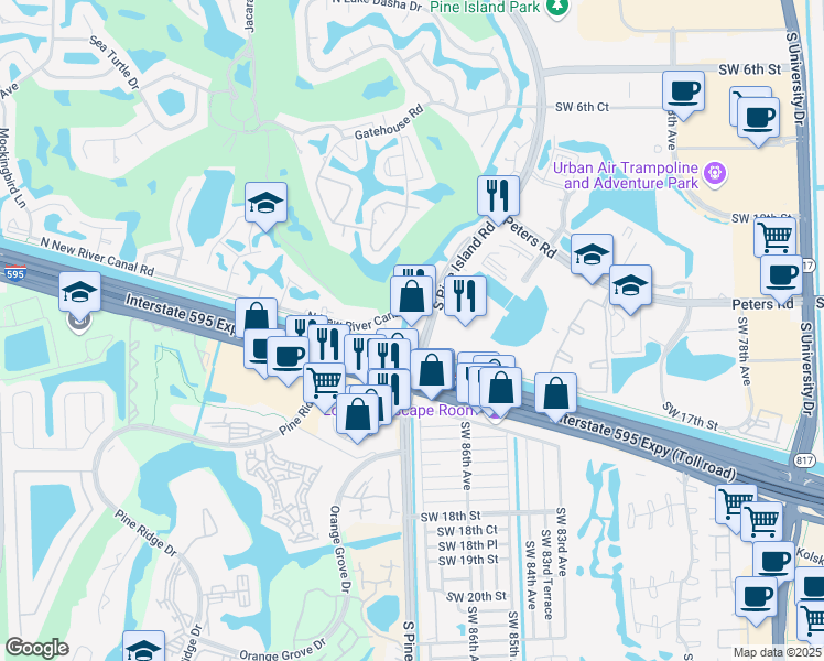 map of restaurants, bars, coffee shops, grocery stores, and more near 1244 South Pine Island Road in Plantation