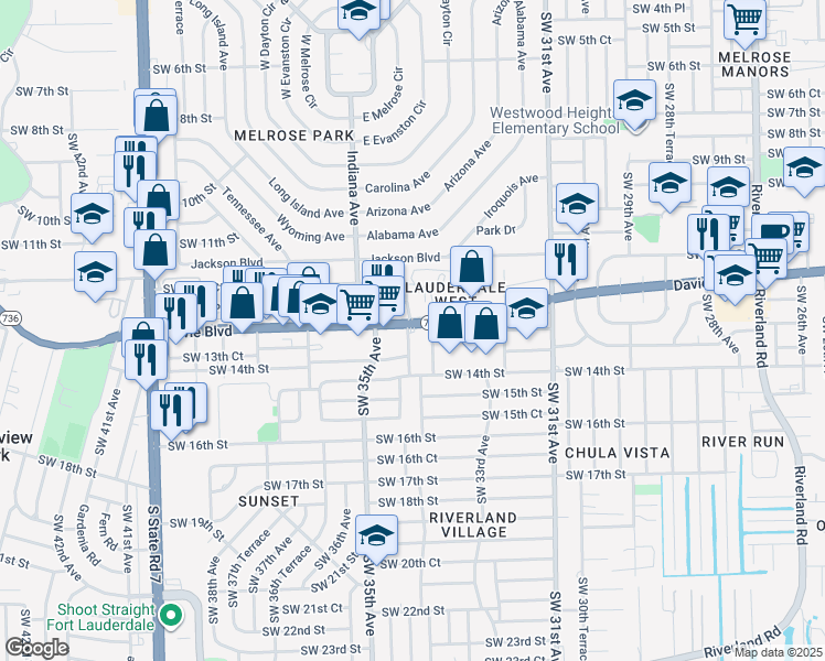 map of restaurants, bars, coffee shops, grocery stores, and more near 3390 Davie Boulevard in Fort Lauderdale