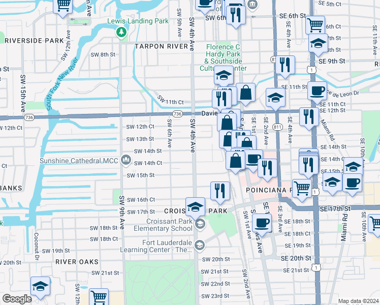 map of restaurants, bars, coffee shops, grocery stores, and more near 420 Southwest 14th Street in Fort Lauderdale