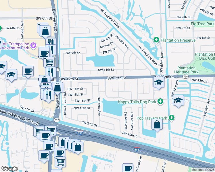 map of restaurants, bars, coffee shops, grocery stores, and more near 1350 Southwest 71st Avenue in Plantation