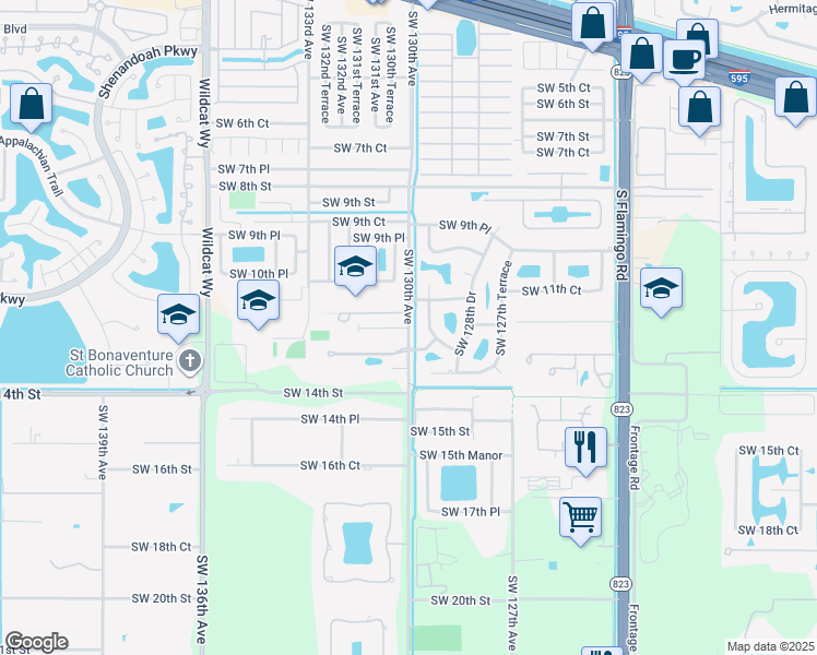 map of restaurants, bars, coffee shops, grocery stores, and more near 1221 Southwest 130th Avenue in Davie