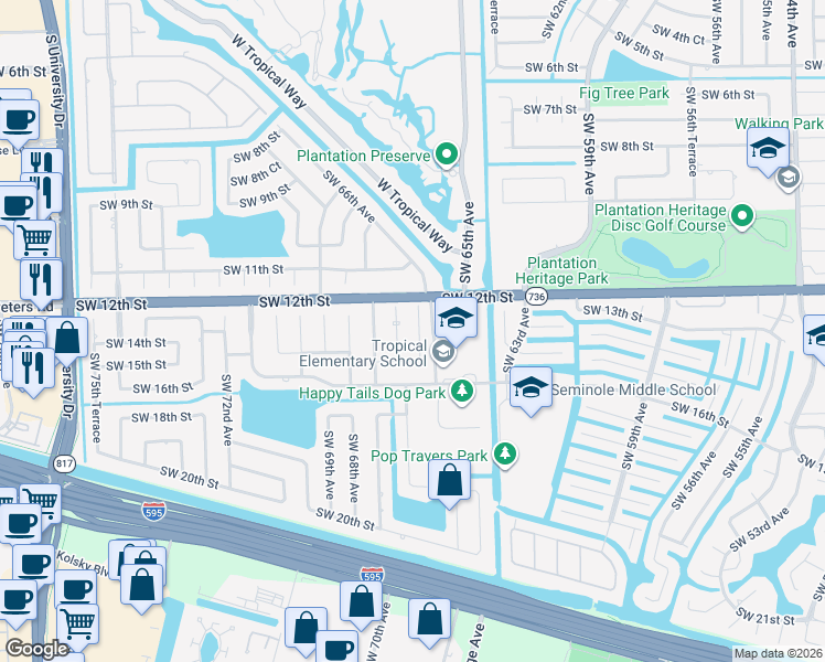 map of restaurants, bars, coffee shops, grocery stores, and more near 1351 SW 66th Terrace in Plantation