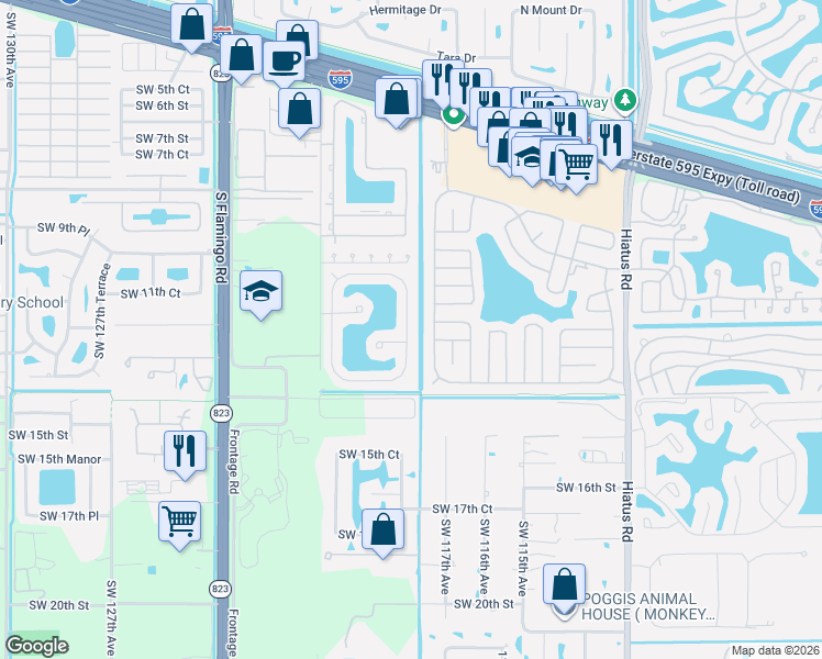 map of restaurants, bars, coffee shops, grocery stores, and more near 11863 Southwest 12th Place in Davie