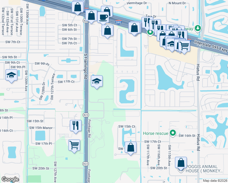 map of restaurants, bars, coffee shops, grocery stores, and more near 1213 Southwest 121st Avenue in Davie