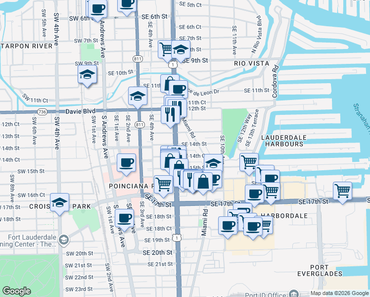 map of restaurants, bars, coffee shops, grocery stores, and more near 700 Southeast 14th Street in Fort Lauderdale