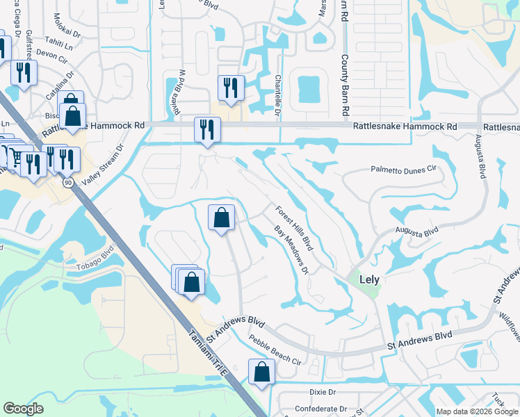 map of restaurants, bars, coffee shops, grocery stores, and more near 248 Pebble Beach Boulevard in Naples