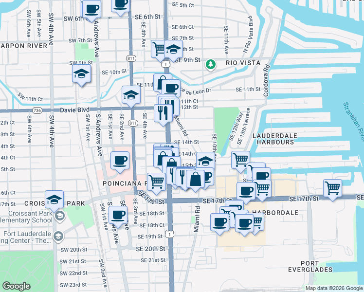 map of restaurants, bars, coffee shops, grocery stores, and more near 700 Southeast 14th Street in Fort Lauderdale