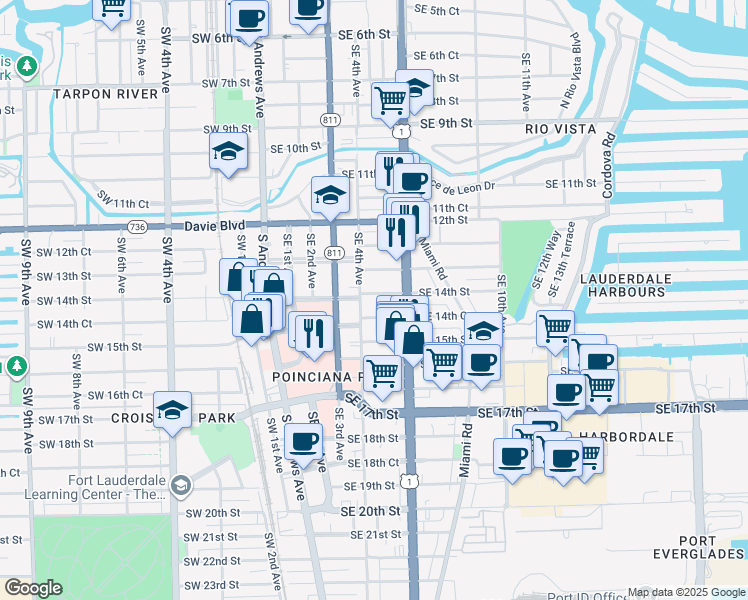 map of restaurants, bars, coffee shops, grocery stores, and more near 316 Southeast 14th Street in Fort Lauderdale