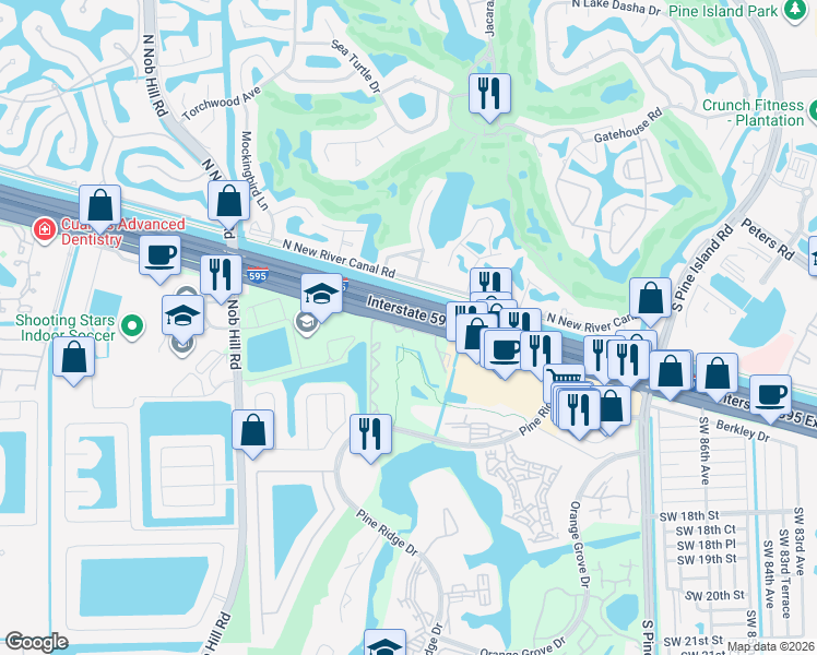 map of restaurants, bars, coffee shops, grocery stores, and more near 3345 Evergreen Place in Davie