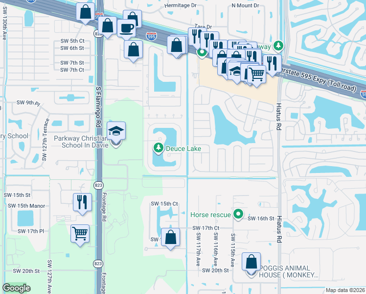 map of restaurants, bars, coffee shops, grocery stores, and more near 11863 Southwest 12th Place in Davie