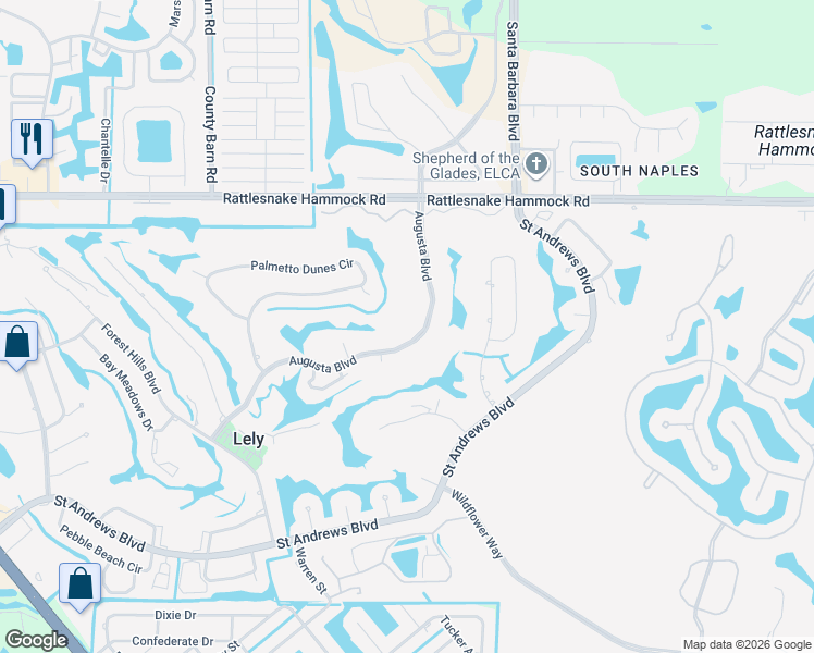 map of restaurants, bars, coffee shops, grocery stores, and more near 720 Augusta Boulevard in Naples