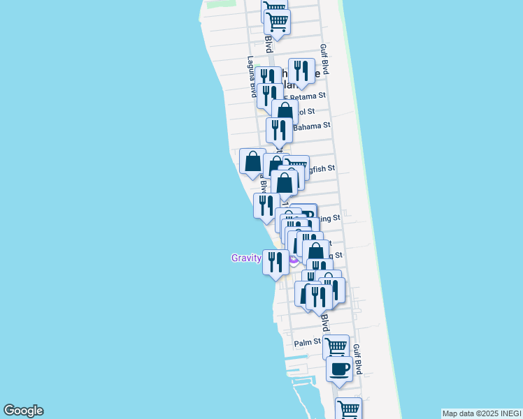 map of restaurants, bars, coffee shops, grocery stores, and more near 206 West Swordfish Street in South Padre Island