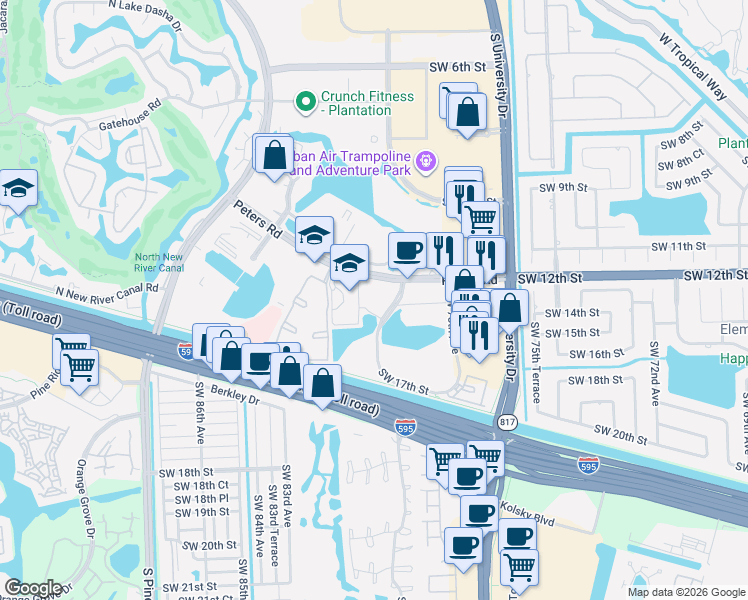 map of restaurants, bars, coffee shops, grocery stores, and more near 1301 Southwest 80th Terrace in Plantation