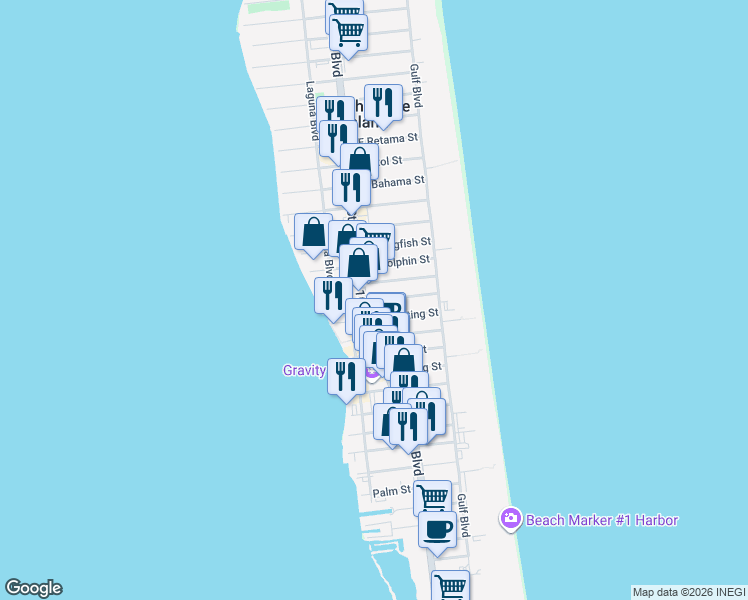 map of restaurants, bars, coffee shops, grocery stores, and more near 2805 Padre Boulevard in South Padre Island