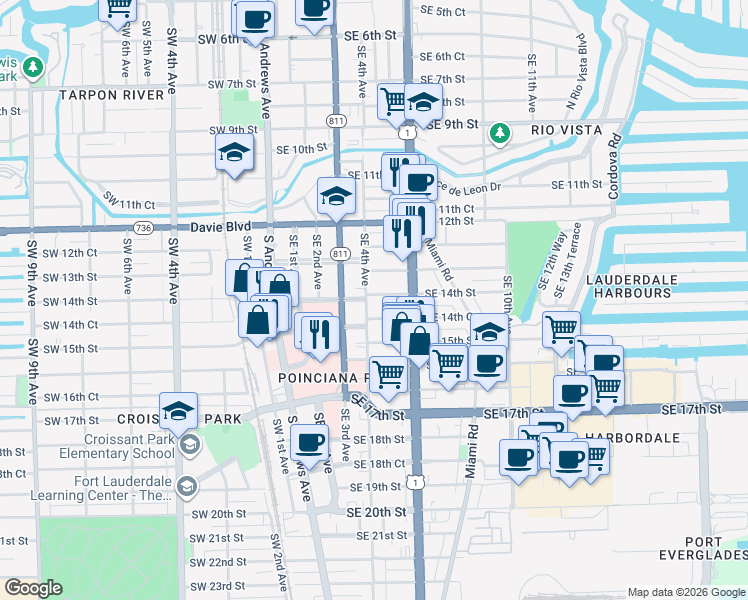 map of restaurants, bars, coffee shops, grocery stores, and more near 316 Southeast 14th Street in Fort Lauderdale