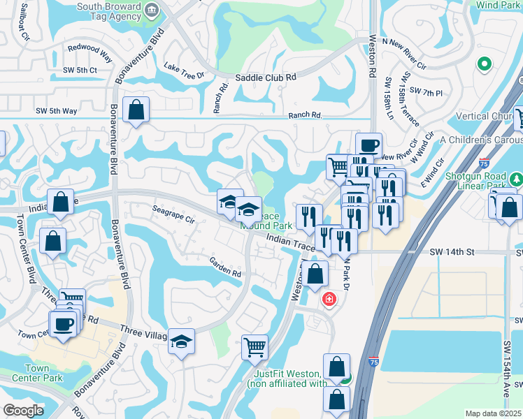 map of restaurants, bars, coffee shops, grocery stores, and more near 1300 Three Village Road in Weston