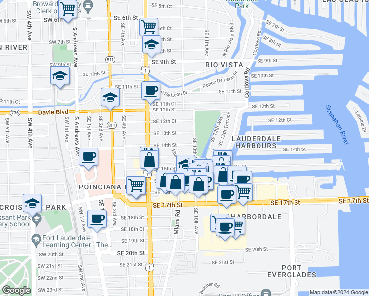 map of restaurants, bars, coffee shops, grocery stores, and more near 1401 Southeast 10th Avenue in Fort Lauderdale