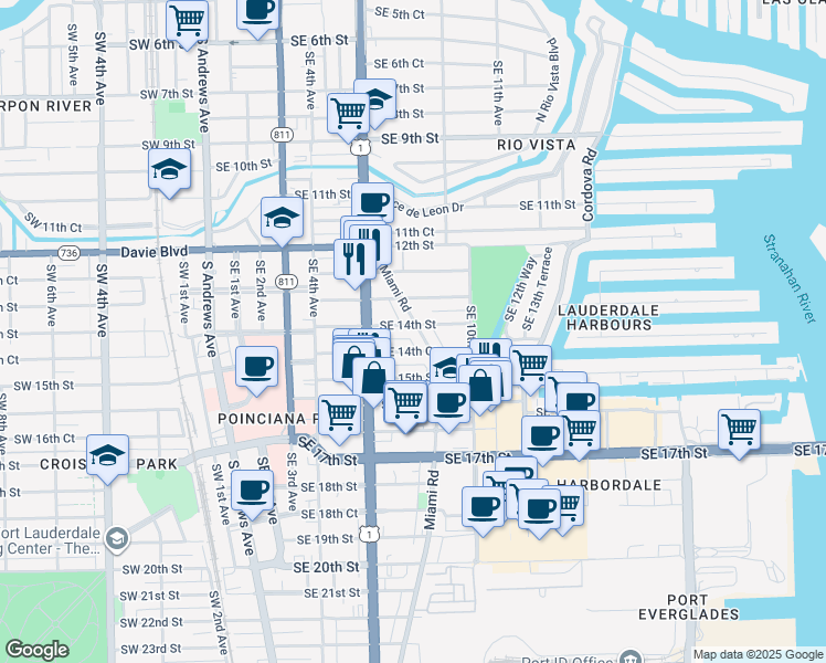 map of restaurants, bars, coffee shops, grocery stores, and more near 1412 Miami Road in Fort Lauderdale