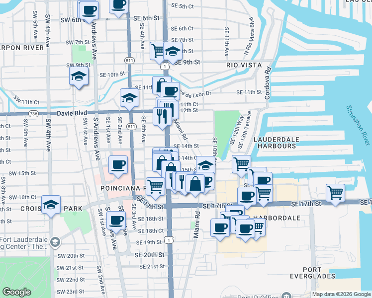 map of restaurants, bars, coffee shops, grocery stores, and more near 700 Southeast 14th Street in Fort Lauderdale