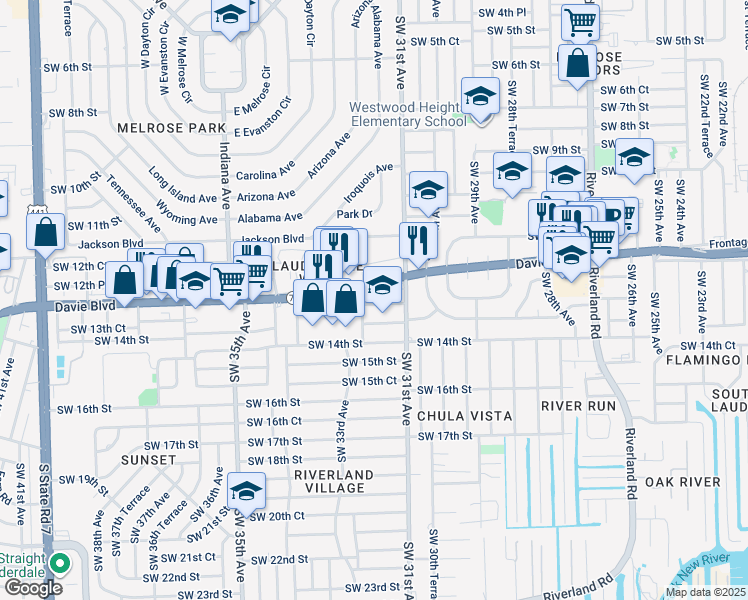 map of restaurants, bars, coffee shops, grocery stores, and more near 3136 Southwest 13th Street in Fort Lauderdale