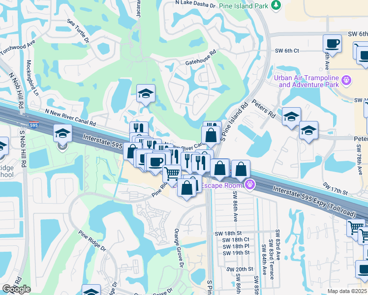 map of restaurants, bars, coffee shops, grocery stores, and more near 229 North New River Canal Road in Plantation