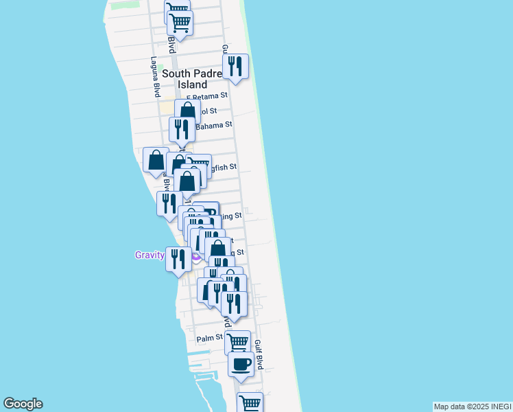 map of restaurants, bars, coffee shops, grocery stores, and more near 2700 Gulf Boulevard in South Padre Island
