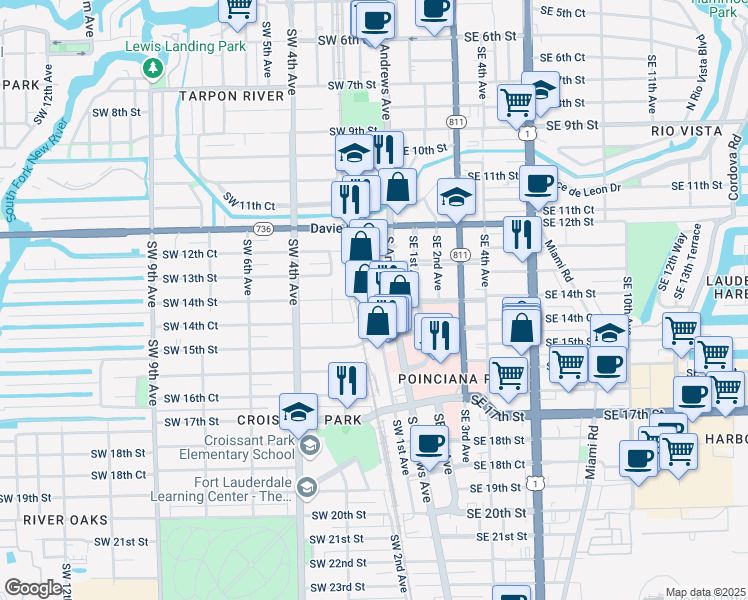 map of restaurants, bars, coffee shops, grocery stores, and more near 99 Southwest 14th Street in Fort Lauderdale