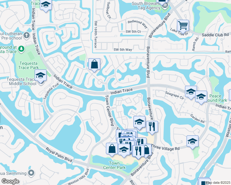 map of restaurants, bars, coffee shops, grocery stores, and more near 2010 Indian Trace in Weston