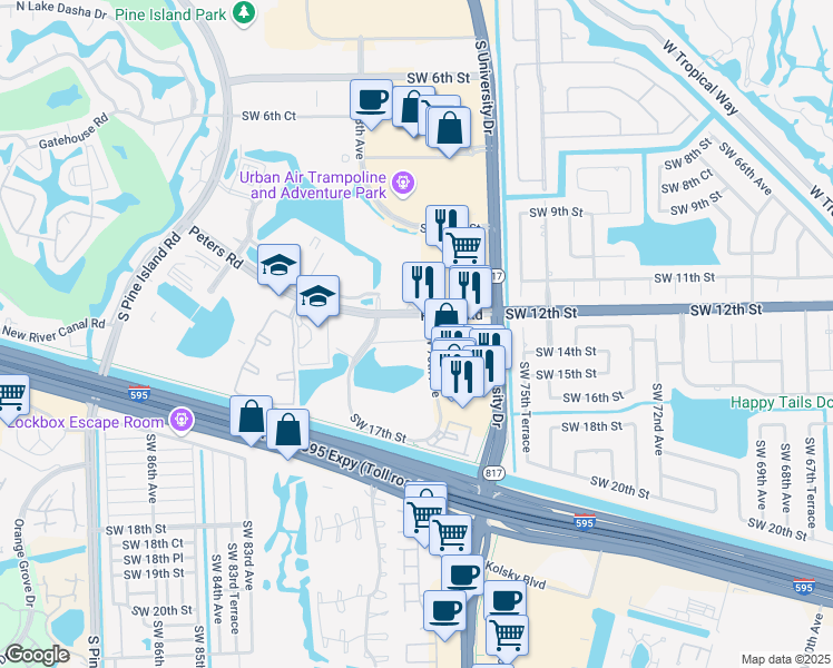 map of restaurants, bars, coffee shops, grocery stores, and more near 7890 Peters Road in Plantation